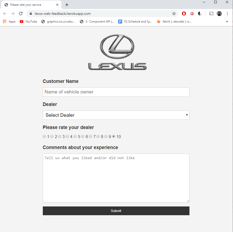 Screenshot of Lexus Feedback App